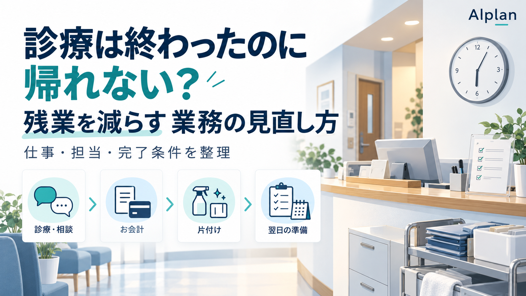 診療後の残業を減らすため、診療・会計・片付け・翌日準備の仕事と担当、完了条件を整理する図解