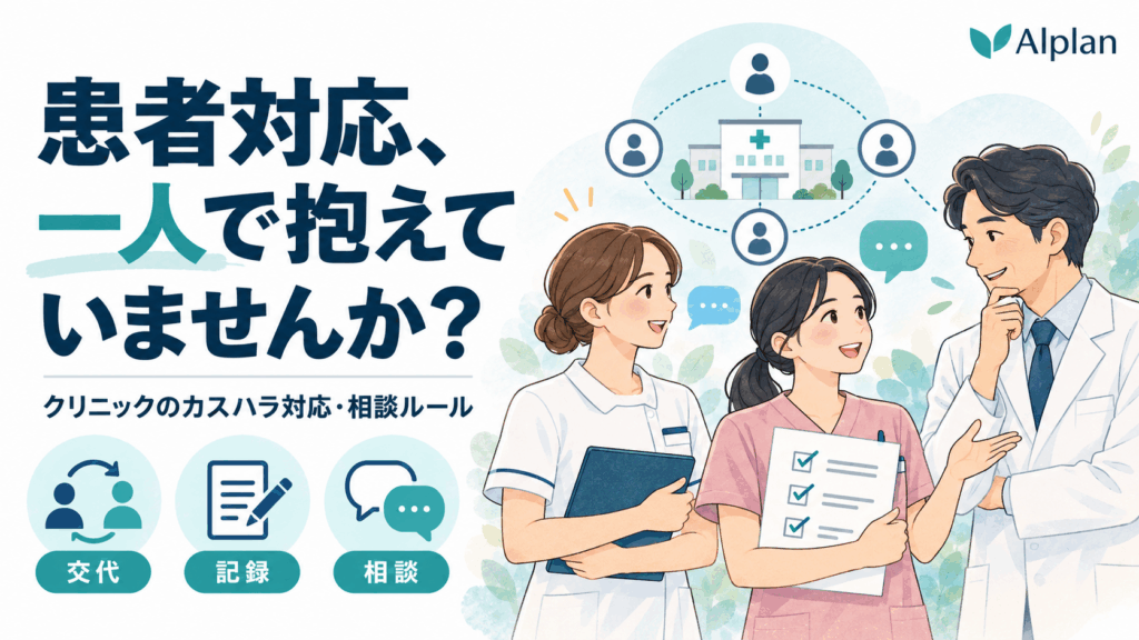 患者対応を一人で抱え込まないため、クリニックの職員と院長が相談する図。担当交代・事実の記録・相談の流れを示す