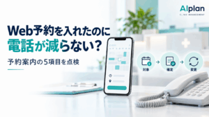 スマートフォンの予約画面と電話、対象・確定・変更のアイコン。クリニックのWeb予約案内を点検するイメージ