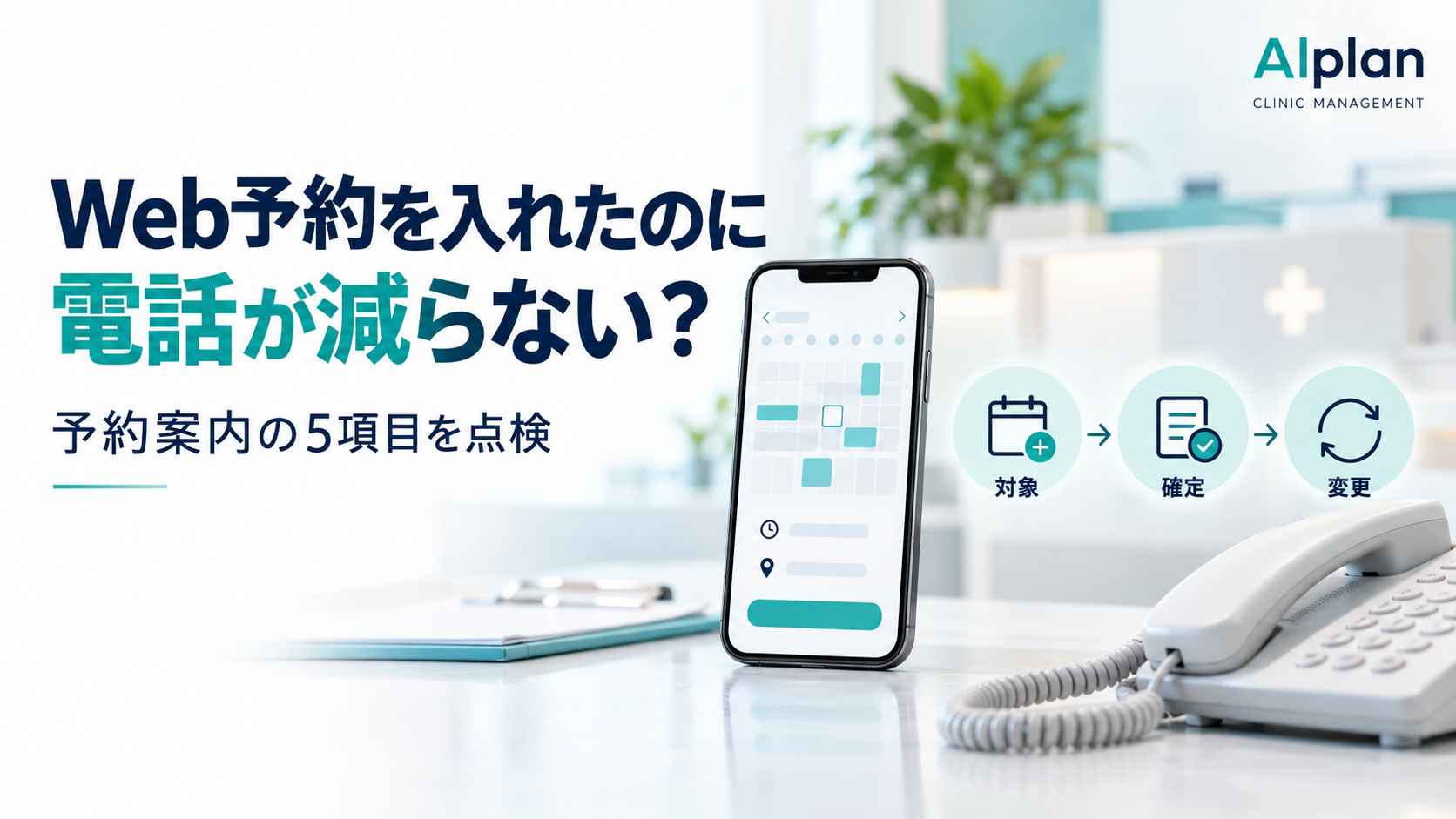 スマートフォンの予約画面と電話、対象・確定・変更のアイコン。クリニックのWeb予約案内を点検するイメージ